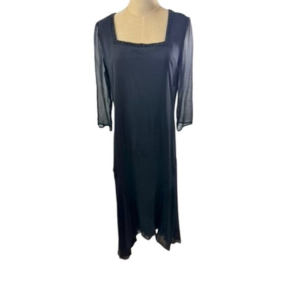 NWT!! "WEDNESDAY'S CHILD" Blk 100% Silk Sheer Beaded Dress Goth Hi Low Hem SZ M - Picture 1 of 15